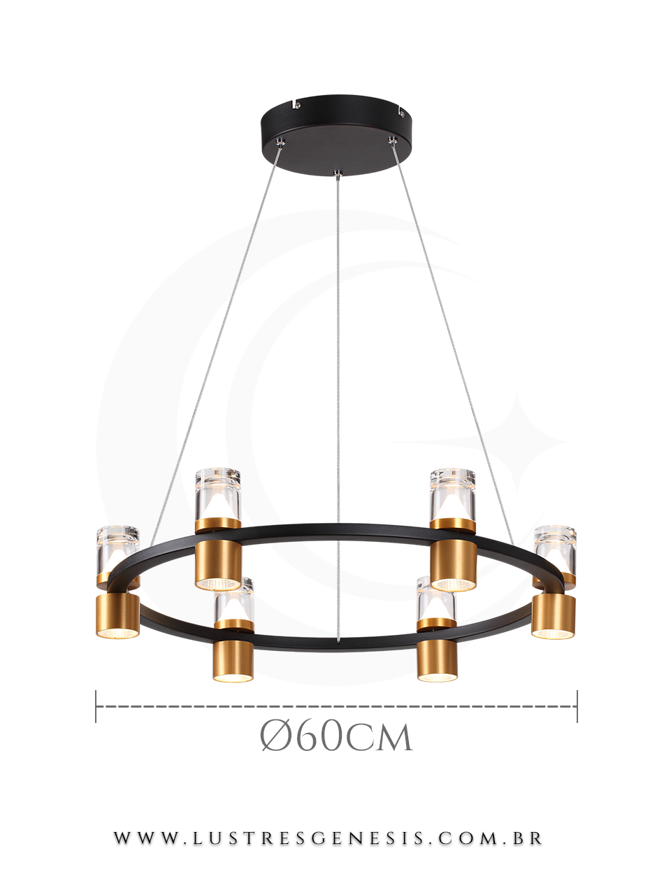 Lustre pendente moderno de LED Pusky nas cores preto e dourado, formato redondo de 60cm, ideal para sala de jantar e estar.